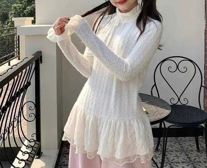 Pull en tricot texturé à nœuds en dentelle, pull jacquard en peluche, pull d'automne et d'hiver