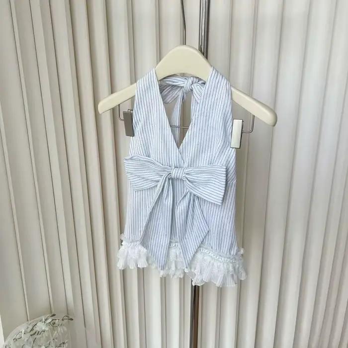 Gilet coréen à rayures verticales avec nœud pour femmes, haut épissé en dentelle à col en v, nouvell