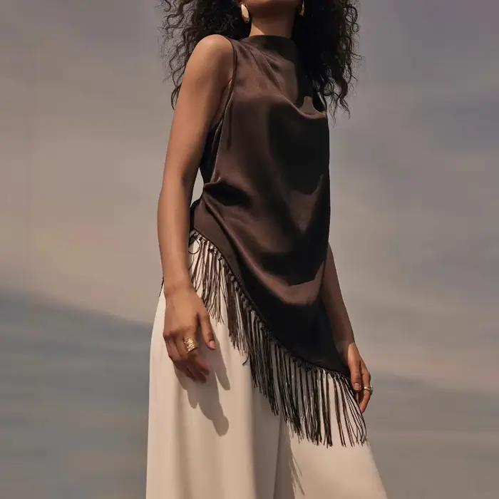 Nouveau gilet en satin à franges pour femme 2026, décontracté, à patte ouverte, sans manches
