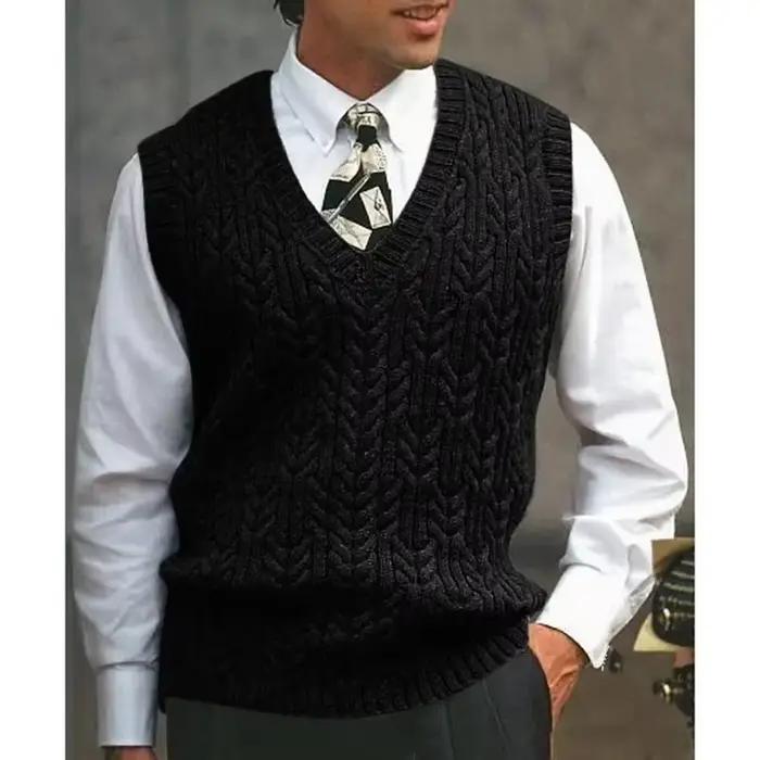 Gilet pull tricoté décontracté chaud pour homme, col en V, sans manches, en polaire, style occidenta