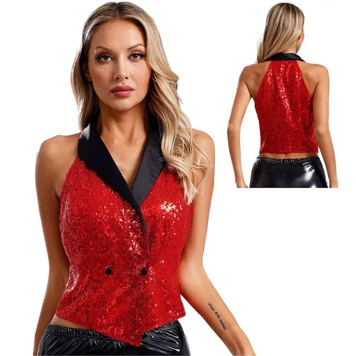 Gilet à paillettes pour femmes, col en v, revers, sans manches, chemisier scintillant, haut habillé 