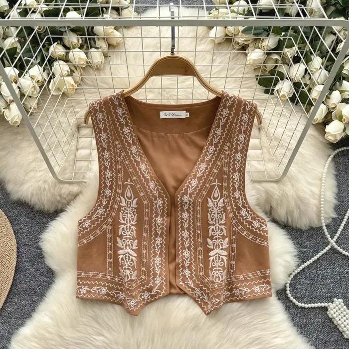 DistMurcia-Haut bohème vintage pour femme, haut chic, broderie douce et élégante, mode coréenne, bas