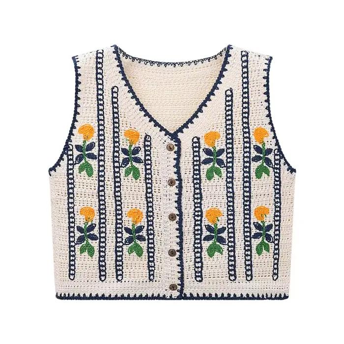 Gilet en tricot brodé floral pour femme, sans manches, boutonné, style féérique, cottagecore, bohème