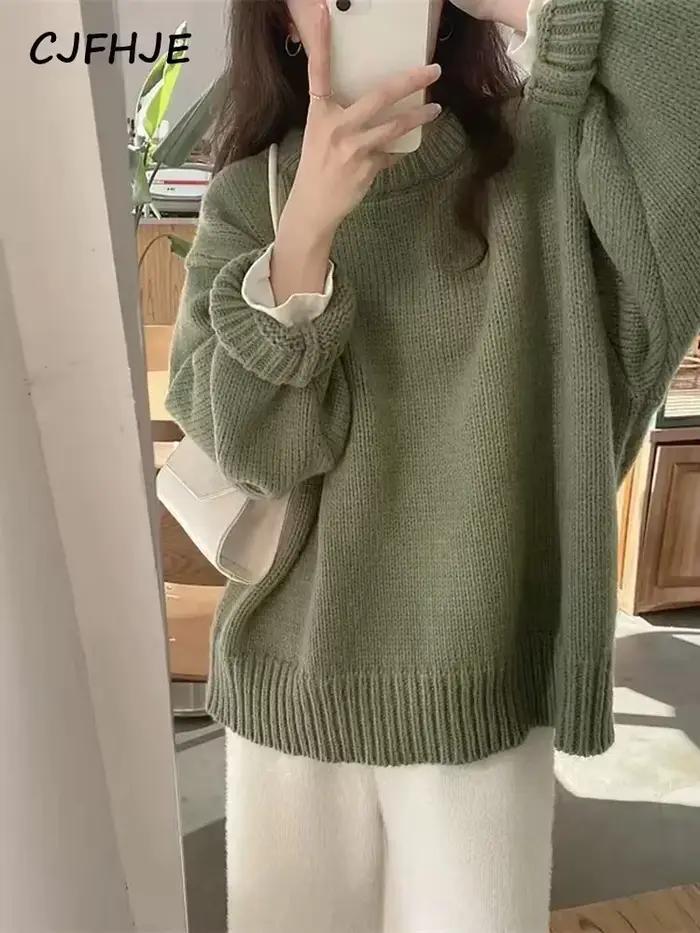 CJFHJE-Pull à manches longues pour femme, style preppy, vert, vintage, décontracté, col rond, solide