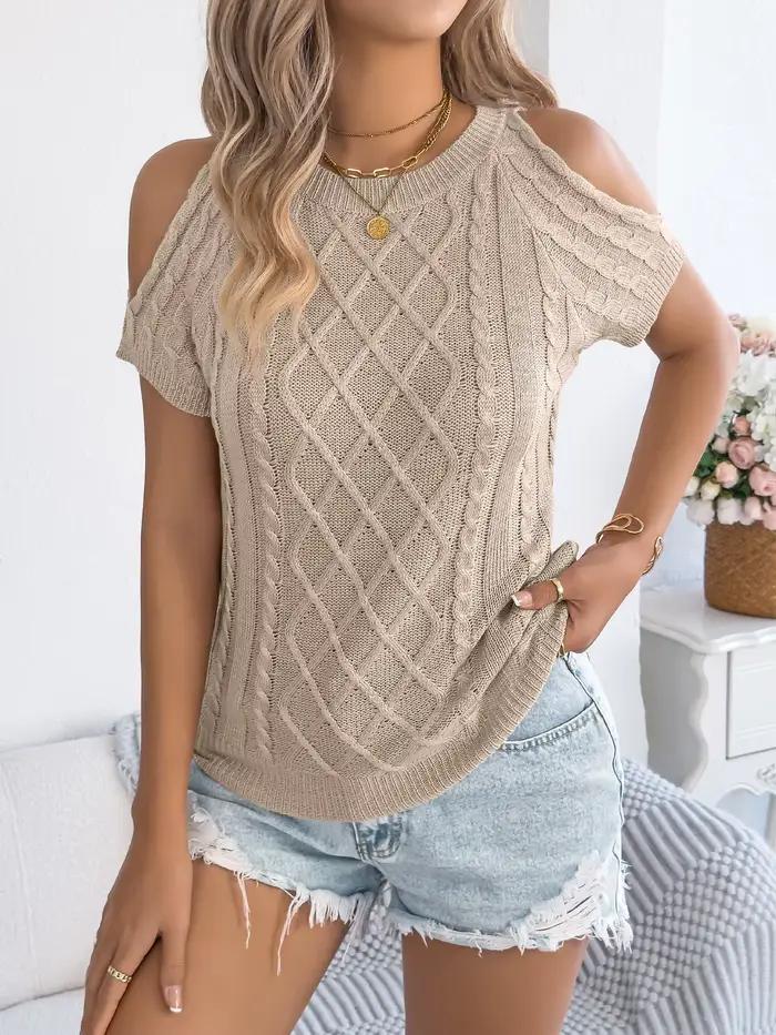 Pull tricoté torsadé élégant pour femmes, épaules dénudées, décontracté, couleur unie, col rond, man