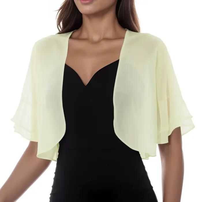 Cardigan en mousseline de soie pour femmes, ouvert sur le devant, manches à volants, boléro transpar