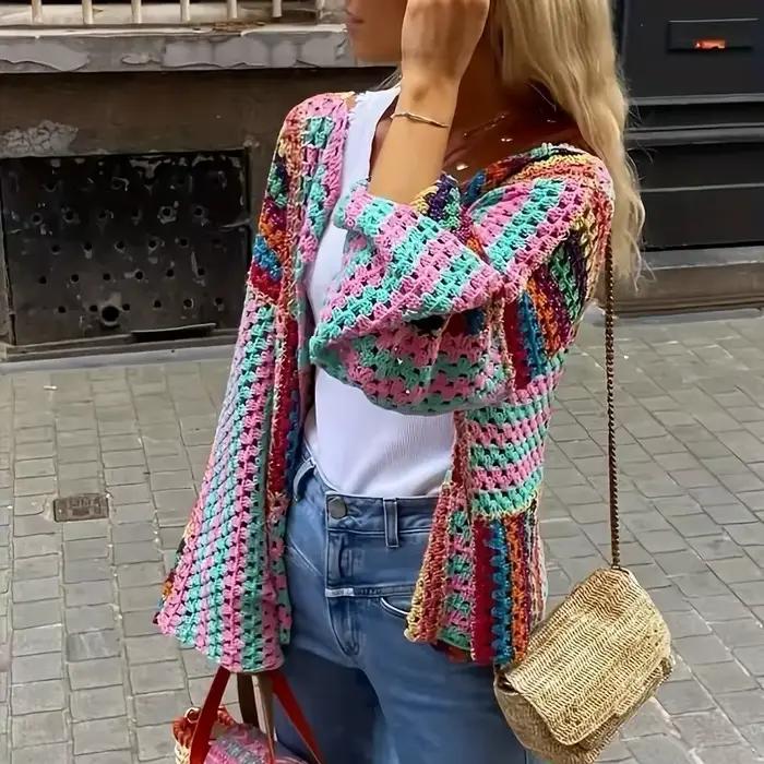 Cardigan multicolore au Crochet pour femmes, veste en tricot ajouré, Patchwork, ouvert sur le devant