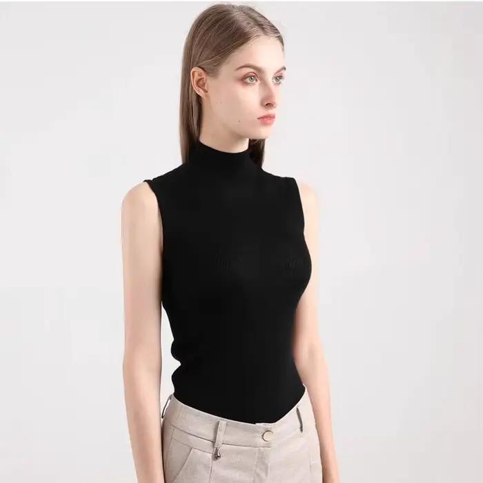 Gilet tricoté noir sans manches, col haut fin, demi-longueur, coupe ajustée, Style court, chemise de