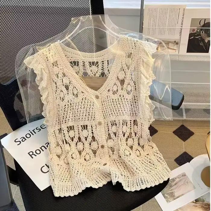 Gilet en Crochet à fleurs pour femmes, bouton transparent sur le devant, sans manches, haut en trico