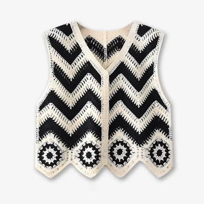 Chevron – gilet en Crochet pour femmes, bouton transparent sur le devant, sans manches, tricot ouver