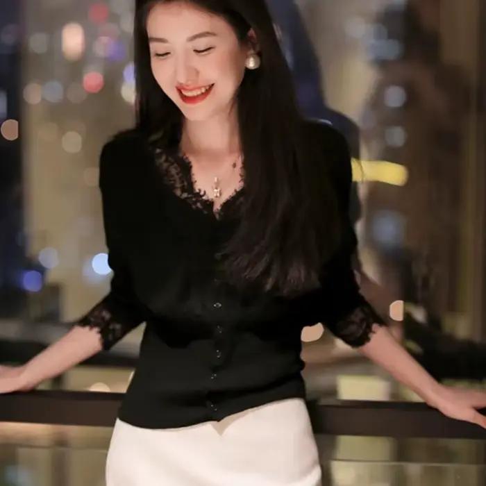 Sexy dentelle col en V pulls femmes mode Patchwork simple boutonnage Swraters femme coréenne Chic à 
