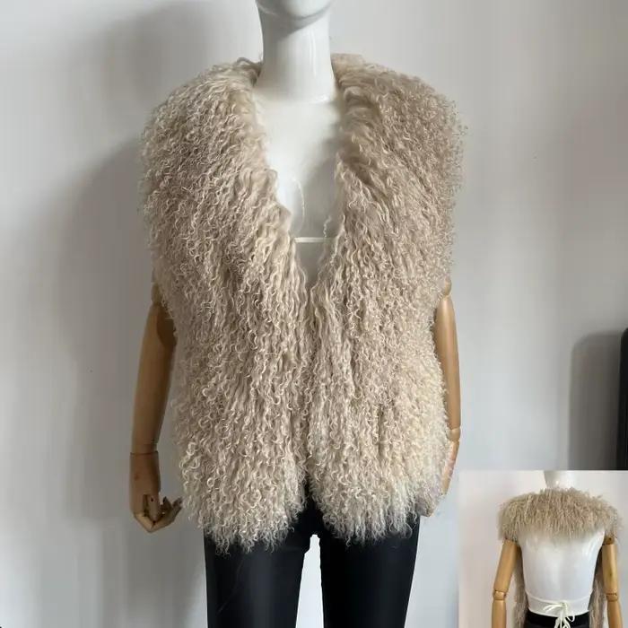 BEIZIRU – gilet de luxe moelleux en vraie fourrure mongole pour femmes, col licou, sans manches, déc