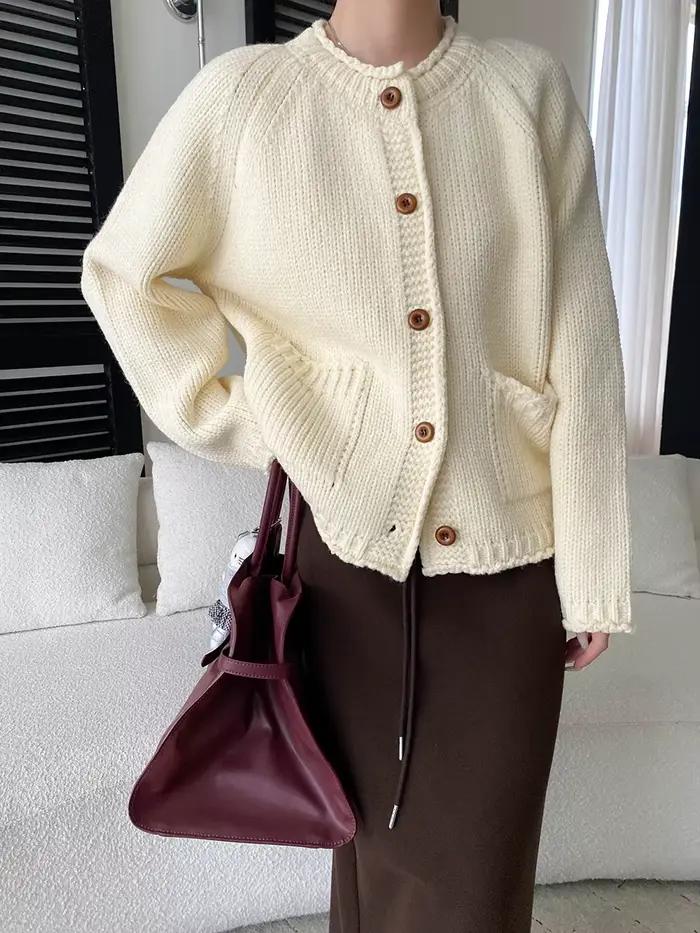 Cardigan tricoté à manches raglan pour femmes, couleur unie, rétro, bord roulé, tige épaisse, pull d