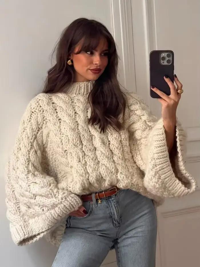 Tricoté torsadé à manches longues surdimensionné pull femmes décontracté col rond