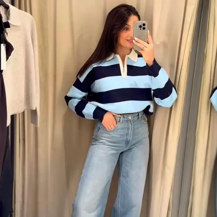 Pull tricoté rayé col polo pour femme