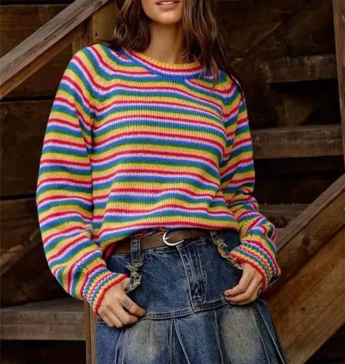 Pull rayé arc-en-ciel, haut tricoté rétro