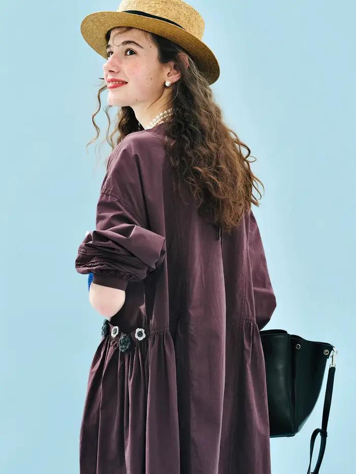 Robe Imakokoni 2025 automne Carmine violet rétro en coton lavé à la main pour femmes, mi-longue avec manches lanternes et col rond, pour occasions spéciales