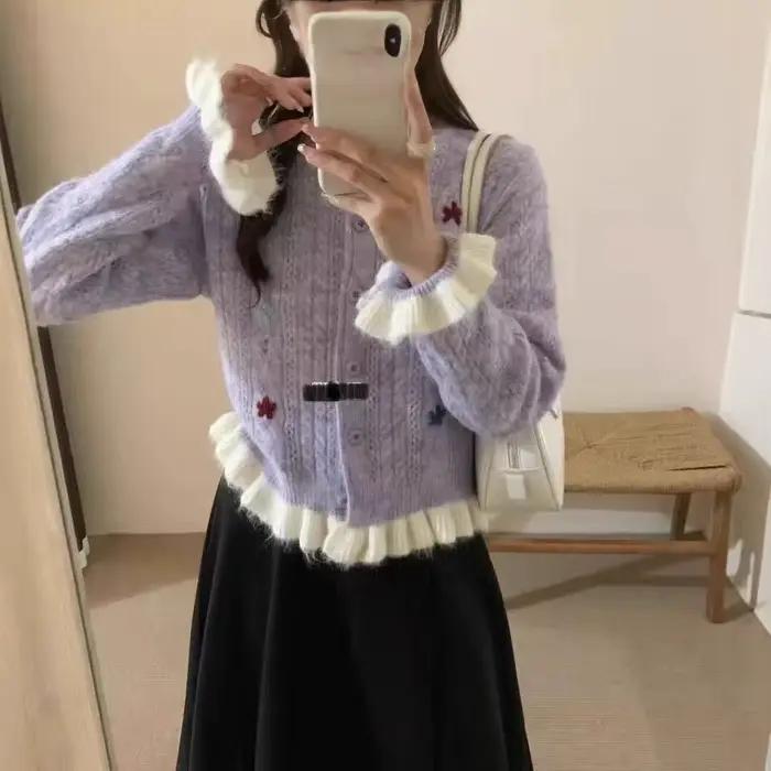 Pull en polyester tricoté à la main avec volutes de fleurs pour filles style décontracté automne hiver