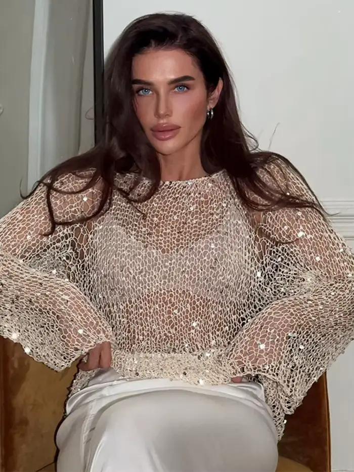 Chemisier tricoté à paillettes et col rond pour femme