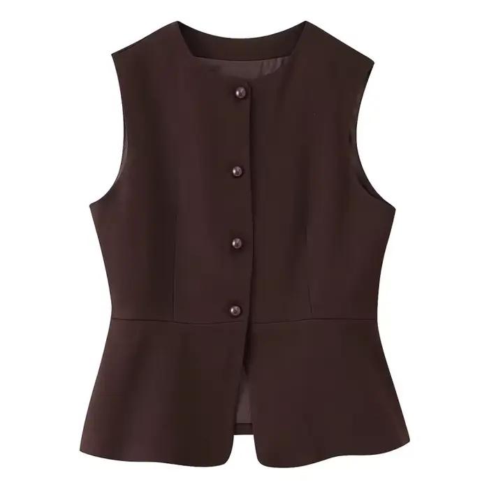 ETJ automne 2025 femmes élégant mode couleur unie col rond gilet tempérament polyvalent bouton up