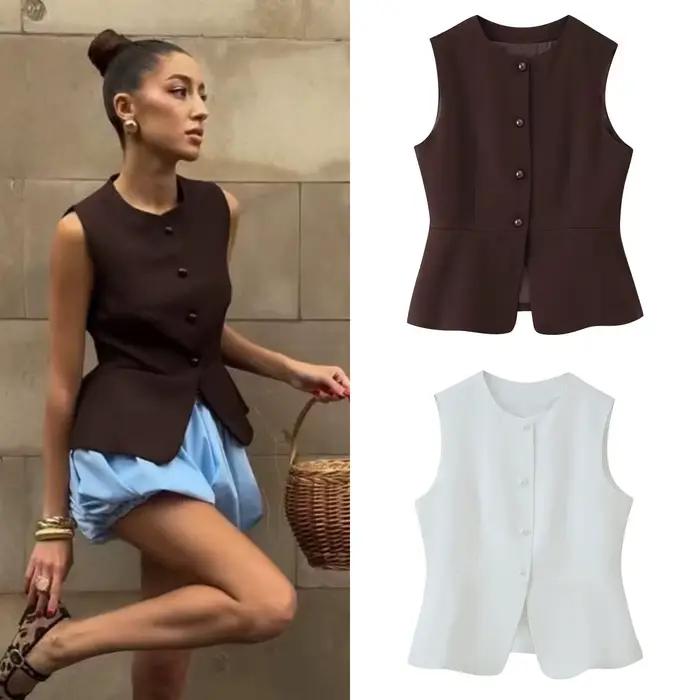 ETJ automne 2025 femmes élégant mode couleur unie col rond gilet tempérament polyvalent bouton up