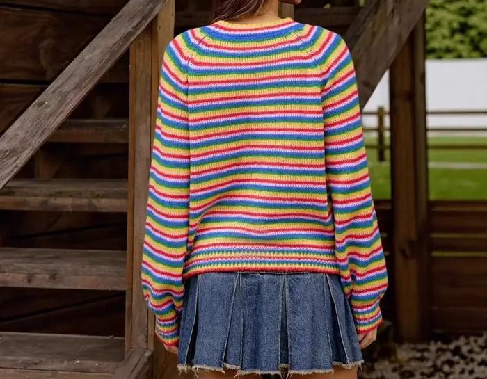 Pull rayé arc-en-ciel, haut tricoté rétro