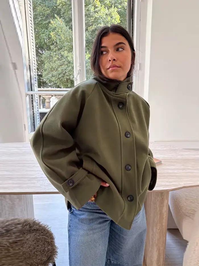 Col montant laine pardessus femmes élégant à manches longues simple boutonnage ample début du printemps Bomber manteau vestes nouvelle dame vêtements d'extérieur