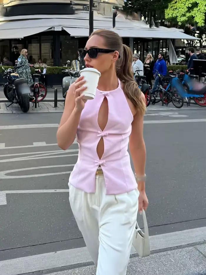 HH 2024 femmes rétro nœud garnis gilet élégant solide col rond sans manches épaules dénudées licou été Vintage décontracté hauts
