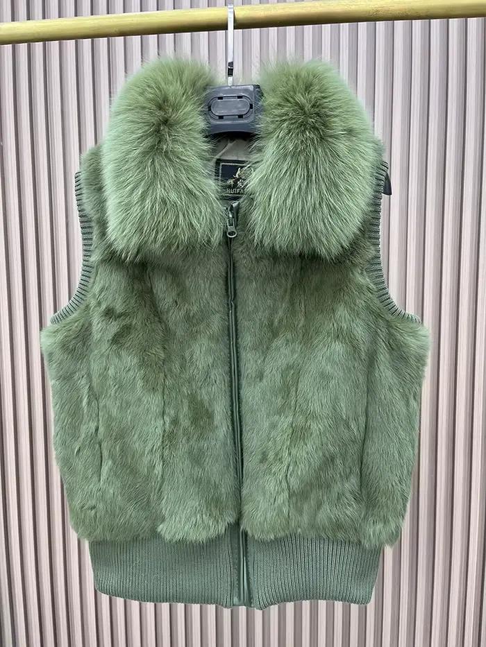 Femmes véritable réel lapin fourrure gilet manteau tricot hiver col