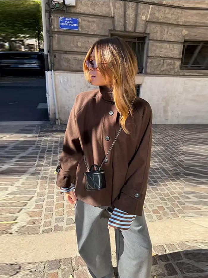 Col montant laine pardessus femmes élégant à manches longues simple boutonnage ample début du printemps Bomber manteau vestes nouvelle dame vêtements d'extérieur