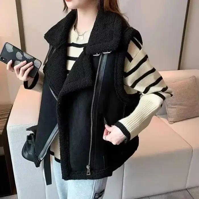 Gilet Femme Agneau Peluche Épais Coréen Élégant Pour Occasions Spéciales Automne Hiver Doux Élégant Mode
