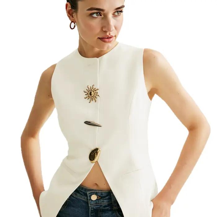 Gilet boutonné doré sans manches pour femmes, streetwear élégant et confortable pour printemps et automne, idéal pour diverses occasions et cadeaux personnalisés