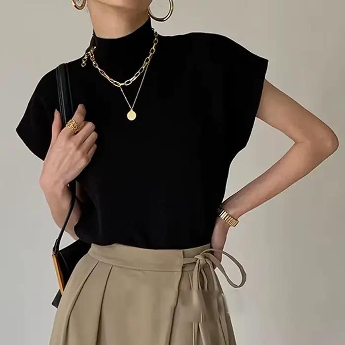 Mode col montant mince femmes tricoté gilet ample solide élégant hauts droits à manches courtes bureau dame t-shirt