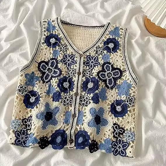 Gilet en Crochet à fleurs perlées pour femmes