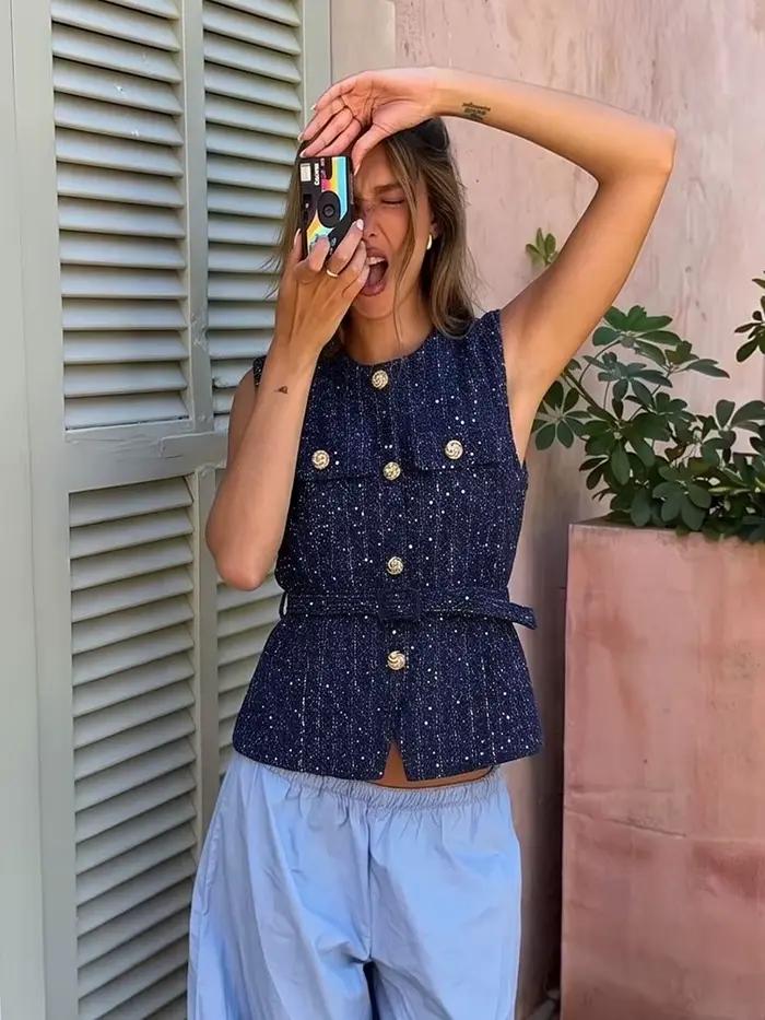 Gilet en tweed rétro élégant pour femme HH