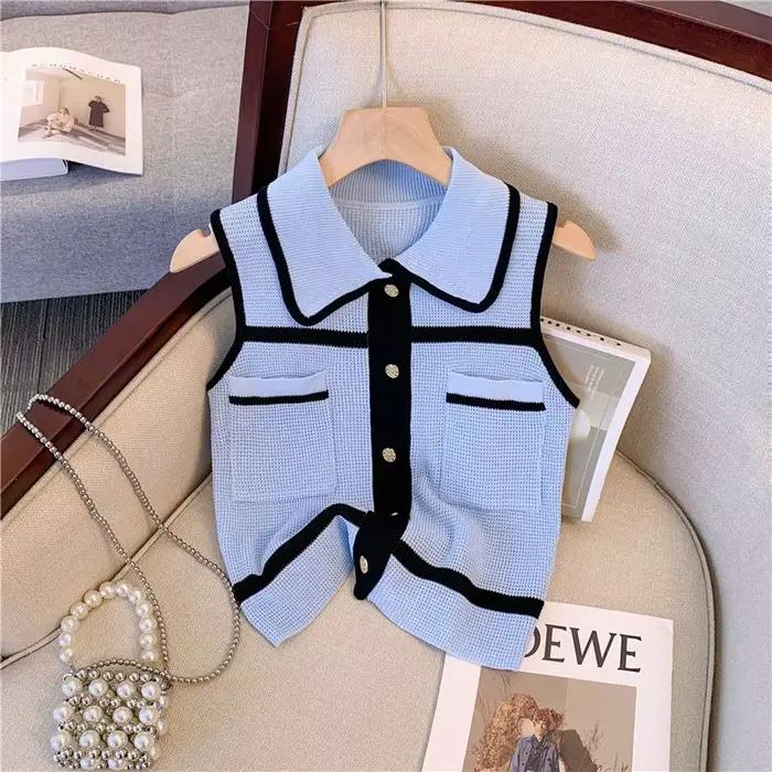 Débardeur tricoté court sans manches à col polo et boutons dorés pour femme et adolescente