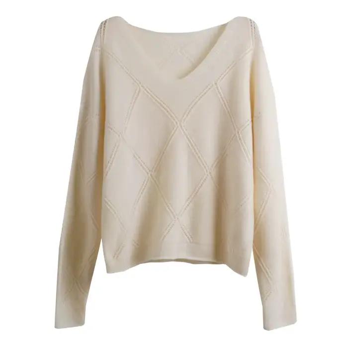 OLrain Pulls Solides Argyle Automne 2026 Coupe Ample Décontractée Col V Creux en Mohair Doux Tricot de Commuting M56QM66065