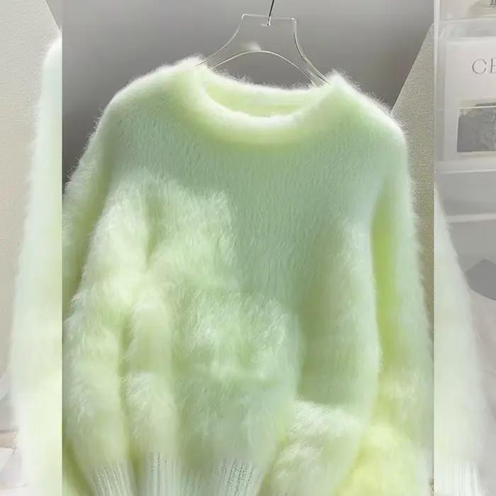 Vert en peluche porter pull tricoté femmes à manches longues mode chaud intérieur doux cireux