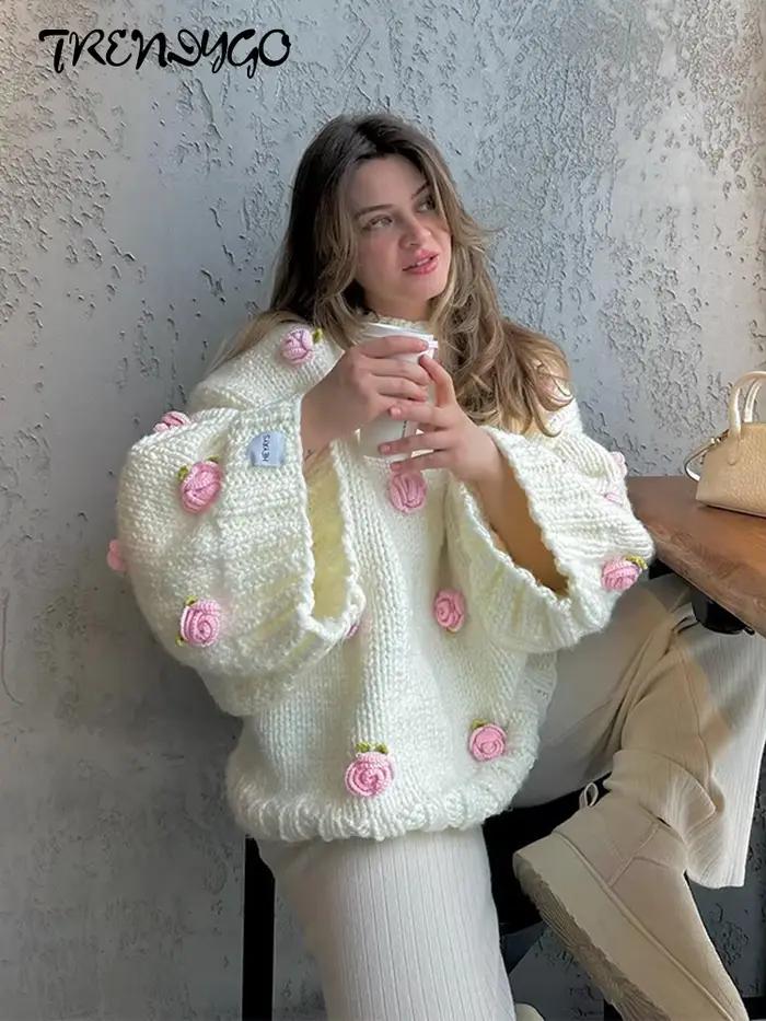 Pull tricoté surdimensionné à fleurs 3D pour femmes