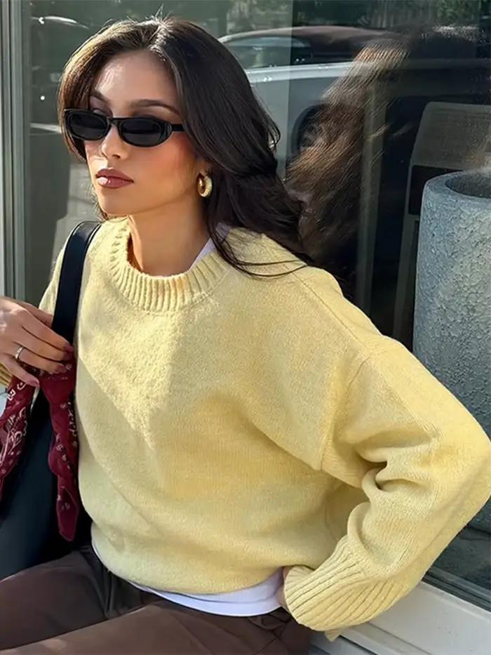 Mode gris col rond tricoté pull femmes à manches longues surdimensionné