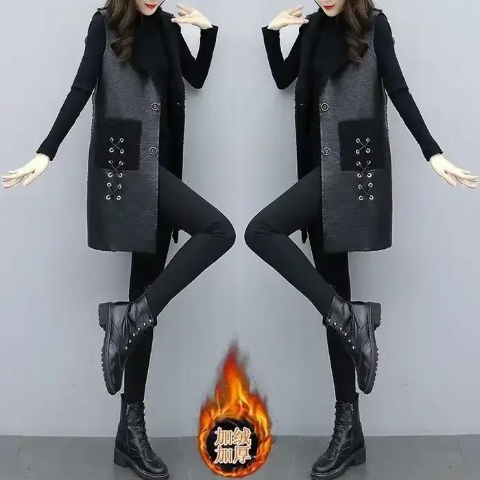 Gilet d'hiver en laine et cuir pour femme