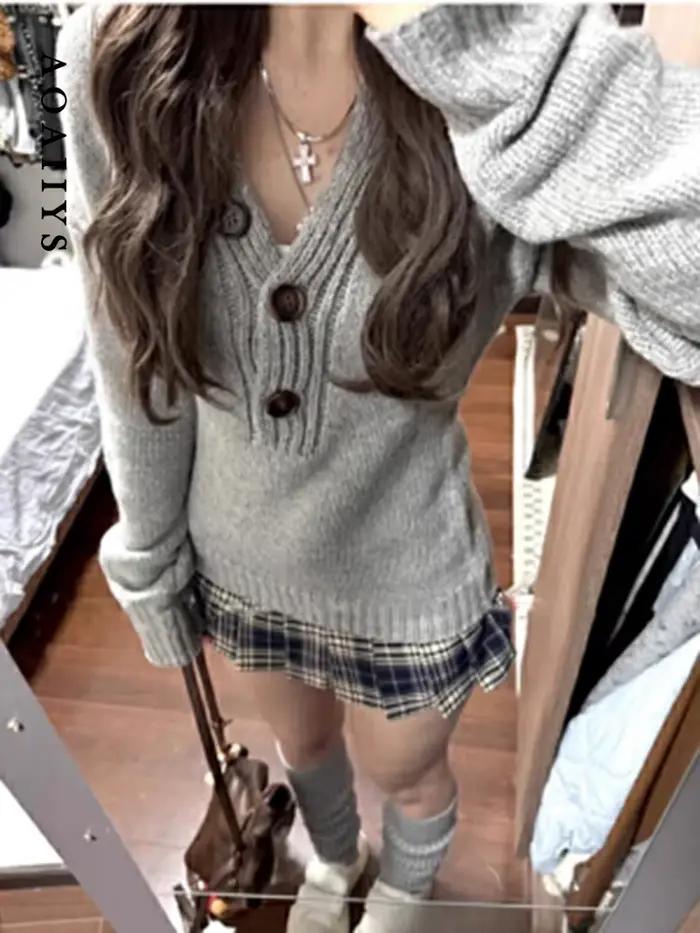 Aoaiiys – pull gris à manches longues pour femme