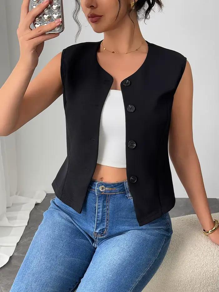 Gilet pour femme en polyester noir, col en V, boutons discrets, coupe ajustée et ourlet asymétrique pour bureau et occasions spéciales printemps-été