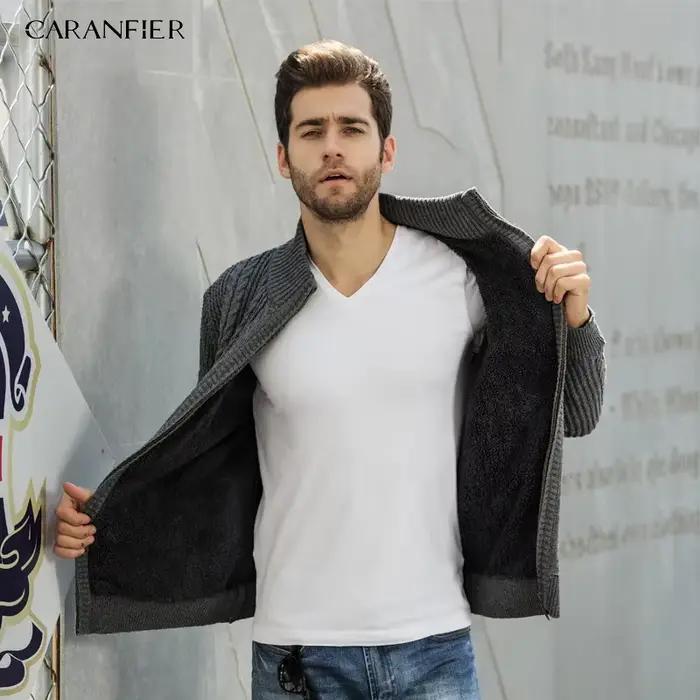 CARANFIER velours fermeture éclair marque chandails hommes tricoté Cardigan coupe ajustée vêtements solide côtelé bas pull tricots manteaux 3XL