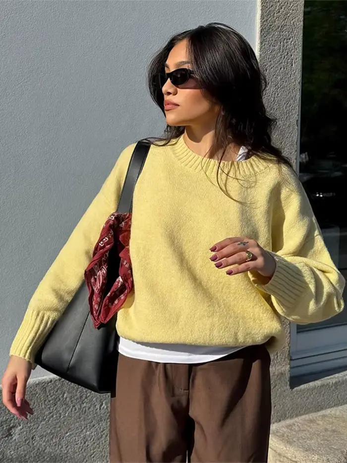 Mode gris col rond tricoté pull femmes à manches longues surdimensionné
