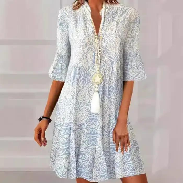 Mode Vintage imprimé femme pull robes 2025 printemps été col en V à manches courtes robe décontracté femmes lâche