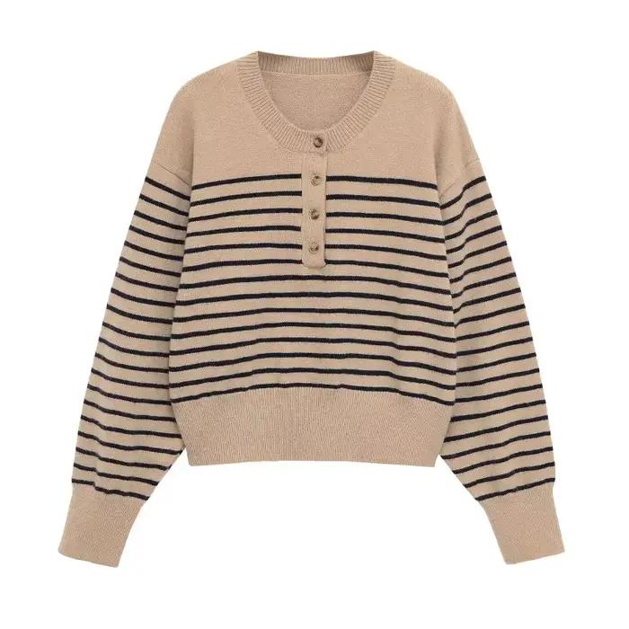 Col rond rayé tricoté pull femmes confortable