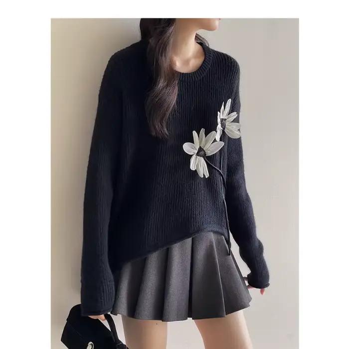Pull rétro à fleurs tridimensionnelles pour femmes