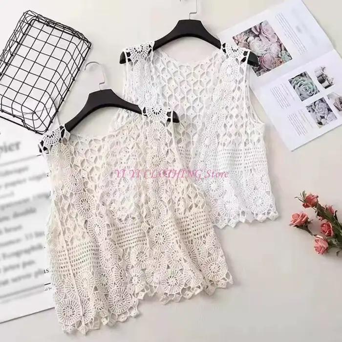Gilet cardigan court sans manches en crochet pour femme