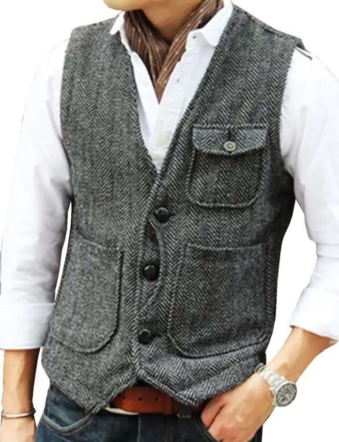 Gilet d'outillage décontracté formel en Tweed à chevrons marron col en V